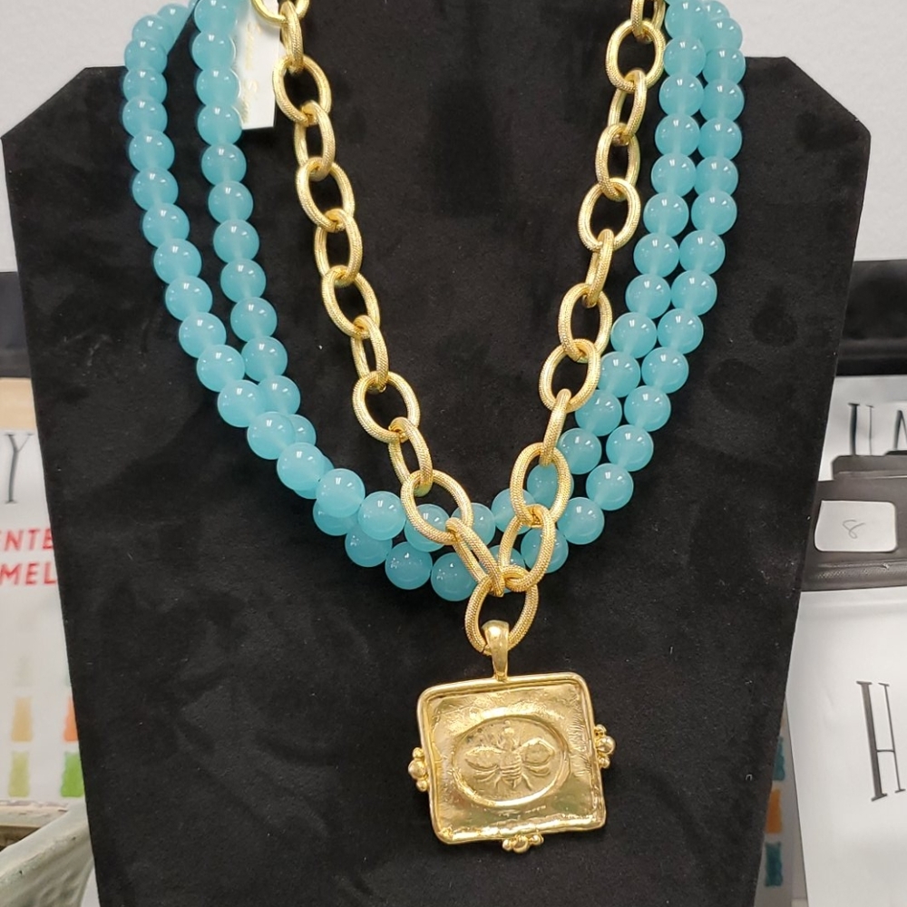 Susan shaw triple strand bead and link bee medalli